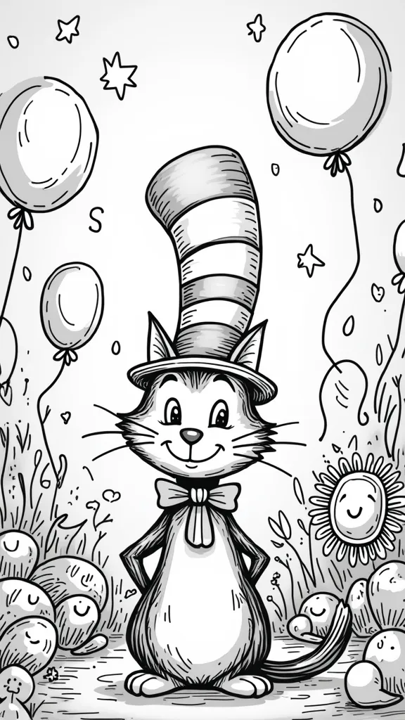 chat dans le chapeau sans coloriage imprimable